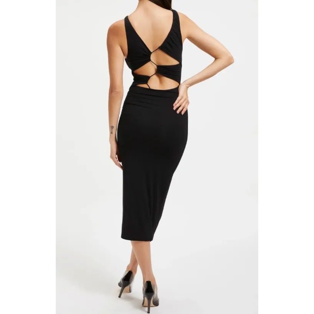 Good American Good Touch Plunge Back Black‎ Bodycon Midi Dress Size Small